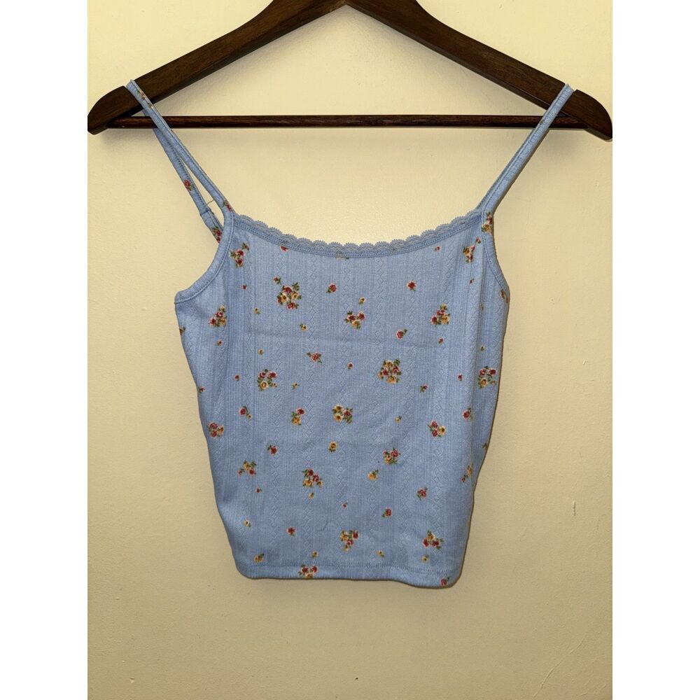 NWOT Ambiance Ditsy Floral Lace Trim Cami Crop Tank Top Blue Small